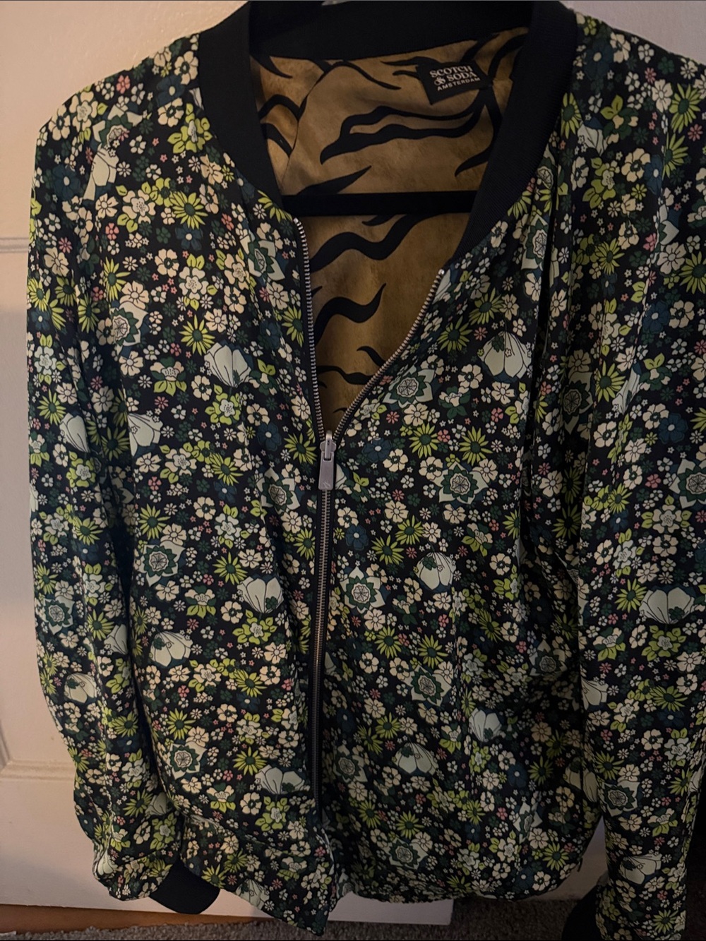 Scotch & Soda Floral Bomber Jacket - Black with Green & White Accents